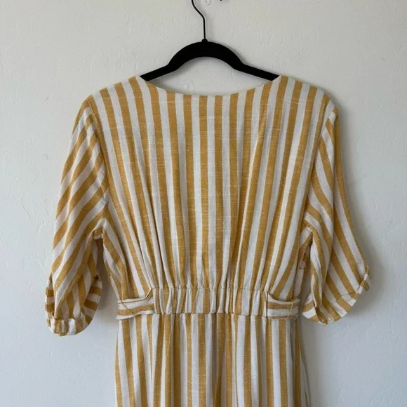Lily Black Yellow White Striped Button Down Lined Linen Blend Midi Dress Small - Picture 9 of 11